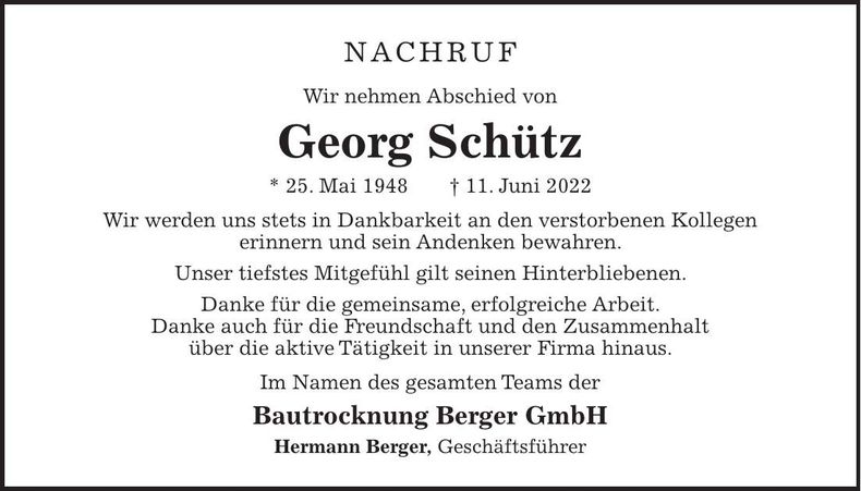 Traueranzeige Georg Schütz