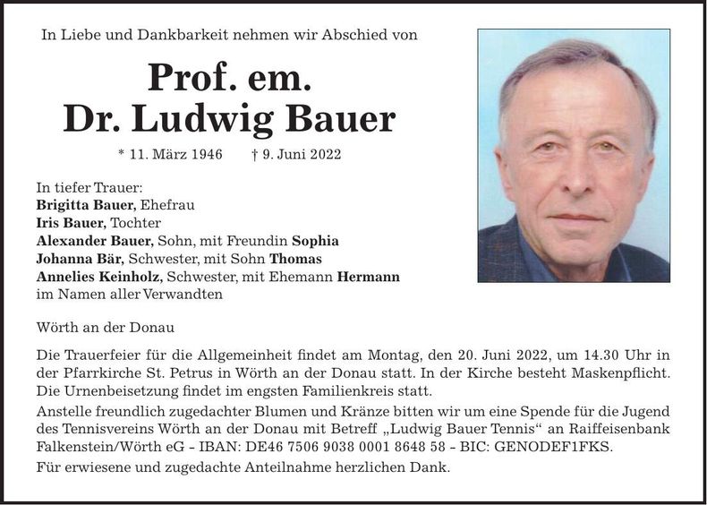 Traueranzeige Ludwig Prof.em.Dr. Bauer
