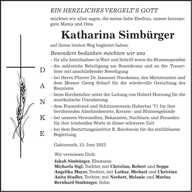 Traueranzeige Katharina Simbürger