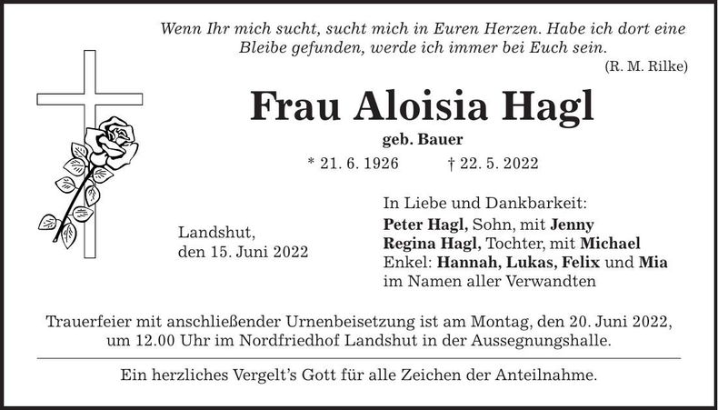 Traueranzeige Aloisia Hagl