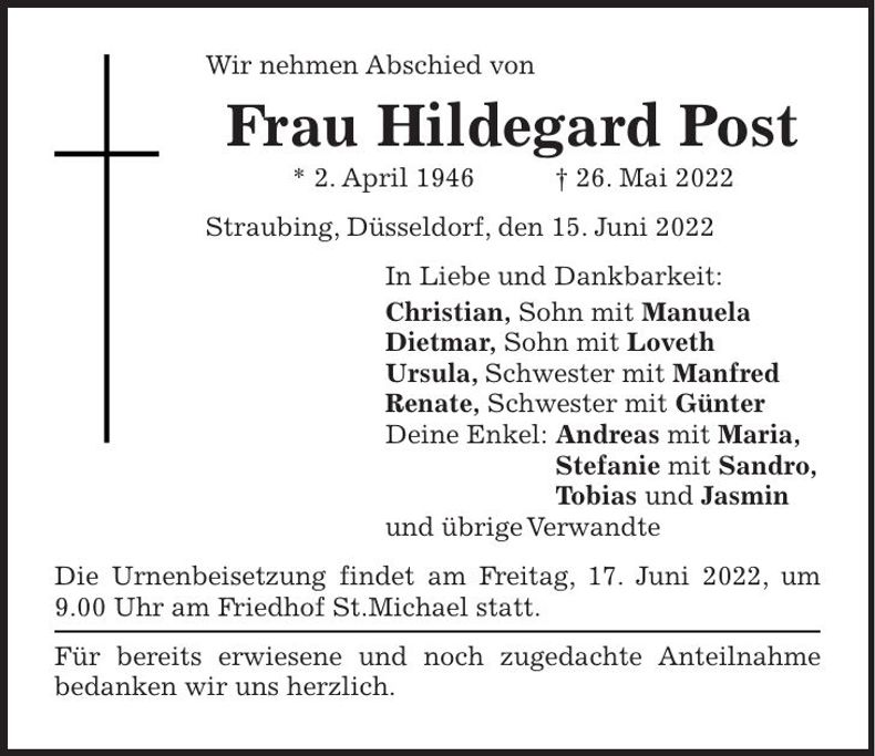 Traueranzeige Hildegard Post