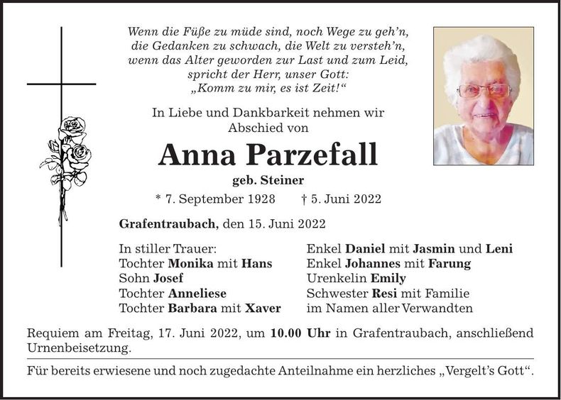 Traueranzeige Anna Parzefall
