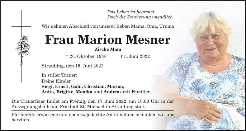 Traueranzeige Marion Mesner