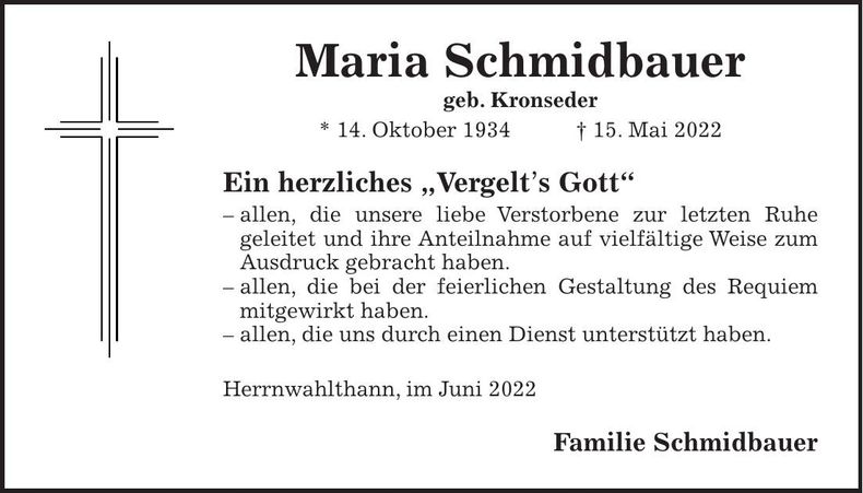 Traueranzeige Maria Schmidbauer