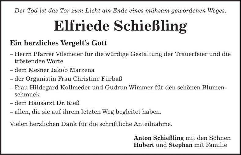 Traueranzeige Elfriede Schießling