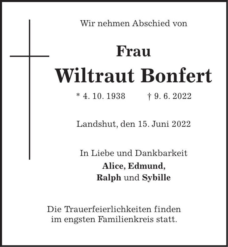 Traueranzeige Wiltraut Bonfert