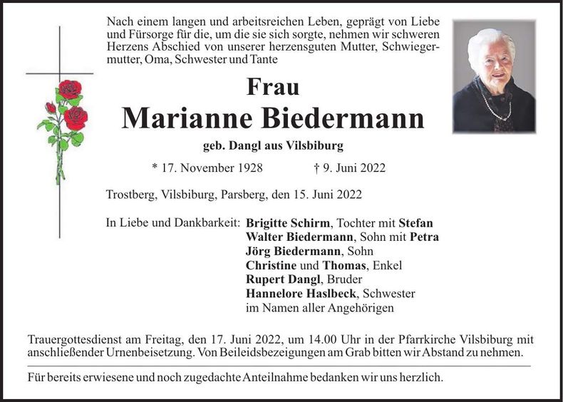 Traueranzeige Marianne Biedermann