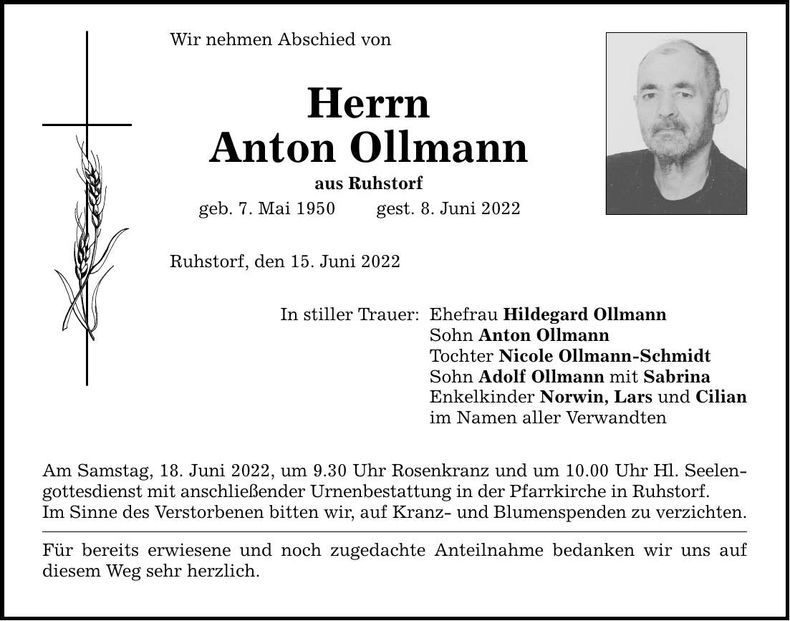 Traueranzeige Anton Ollmann