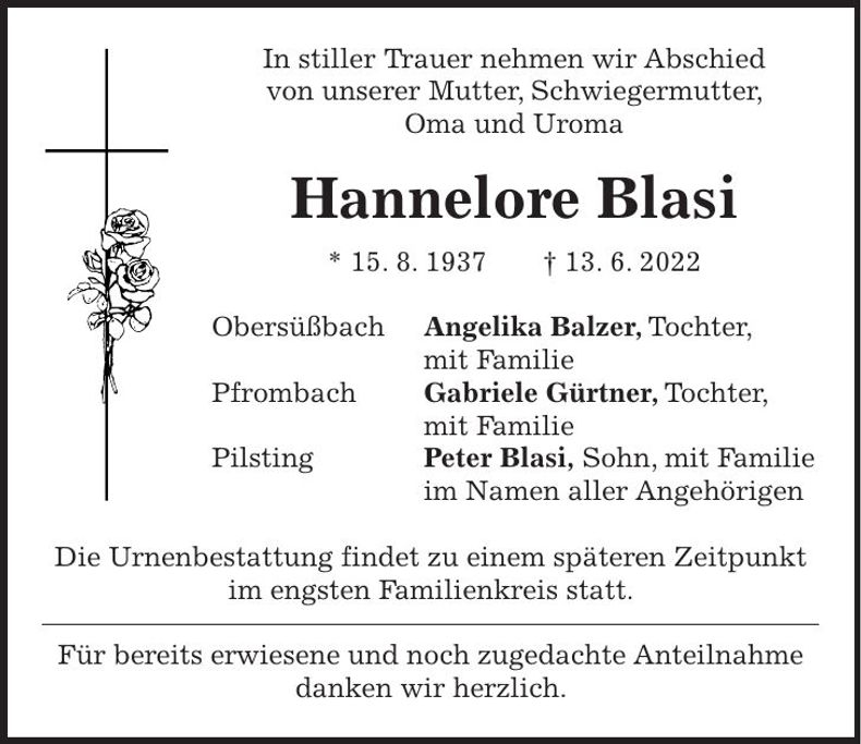 Traueranzeige Hannelore Blasi