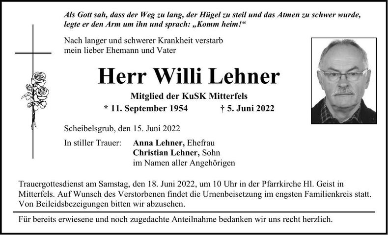 Traueranzeige Willi Lehner