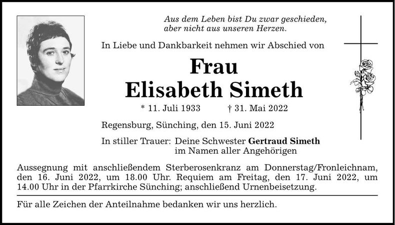 Traueranzeige Elisabeth Simeth