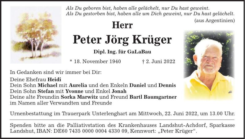 Traueranzeige Peter Jörg Krüger