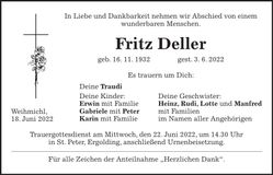 Traueranzeige Fritz Deller