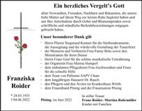 Traueranzeige Franziska Roider