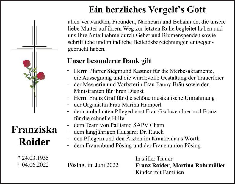 Traueranzeige Franziska Roider