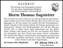 Traueranzeige Thomas Sagstetter