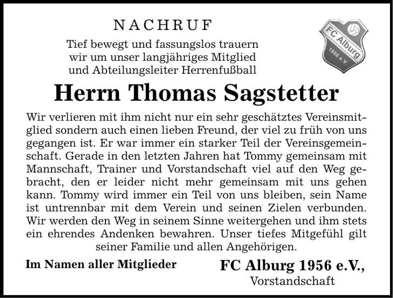 Traueranzeige Thomas Sagstetter