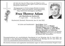 Traueranzeige Therese Adam