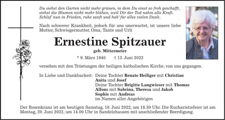 Traueranzeige Ernestine Spitzauer
