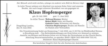 Traueranzeige Klaus Hopfensperger