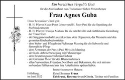 Traueranzeige Agnes Guba