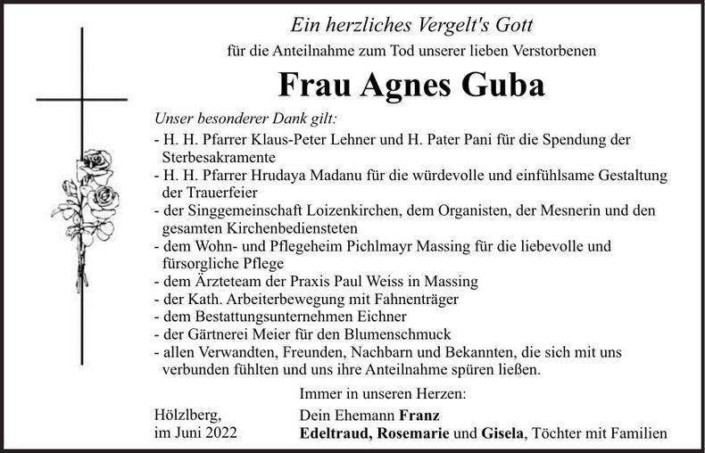 Traueranzeige Agnes Guba