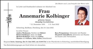 Traueranzeige Annemarie Kolbinger