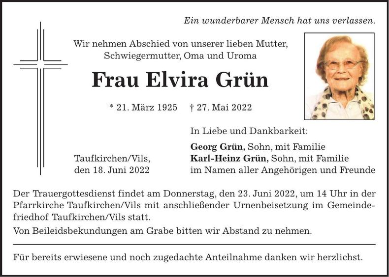 Traueranzeige Elvira Grün