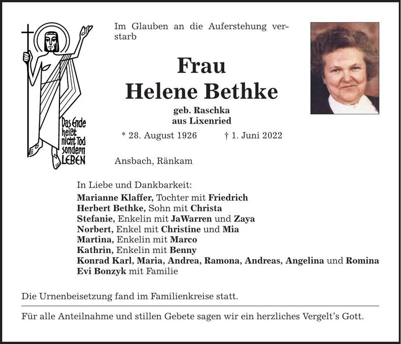 Traueranzeige Helene Bethke