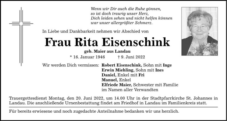 Traueranzeige Rita Eisenschink