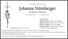 Traueranzeige Johanna Nürnberger