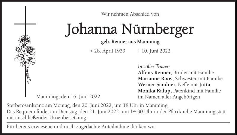 Traueranzeige Johanna Nürnberger