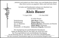 Traueranzeige Alois Bauer