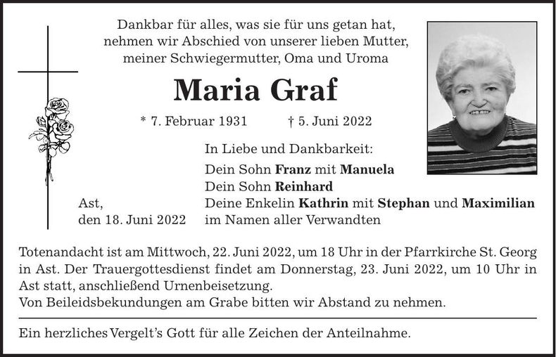 Traueranzeige Maria Graf