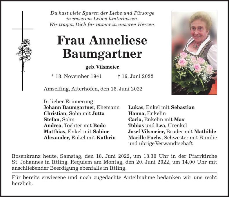 Traueranzeige Anneliese Baumgartner
