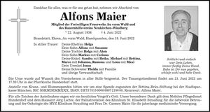 Traueranzeige Alfons Maier