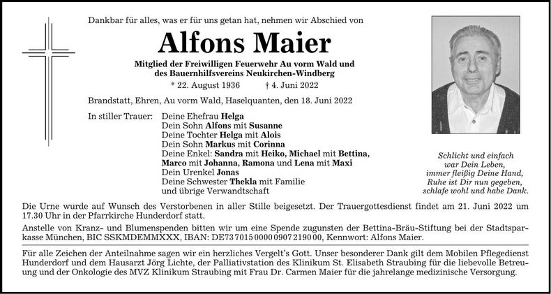 Traueranzeige Alfons Maier