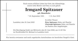 Traueranzeige Irmgard Spitzauer