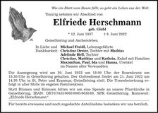 Traueranzeige Elfriede Herschmann