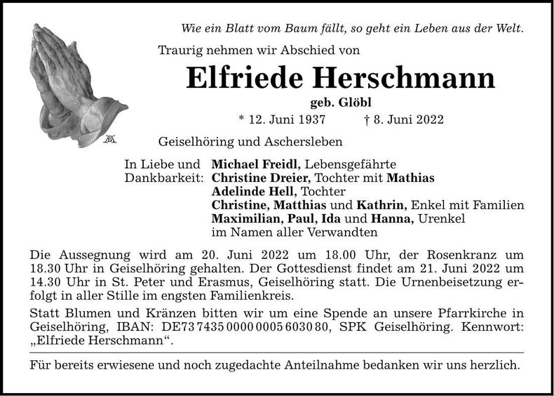 Traueranzeige Elfriede Herschmann