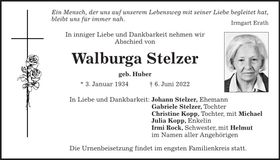 Traueranzeige Walburga Stelzer