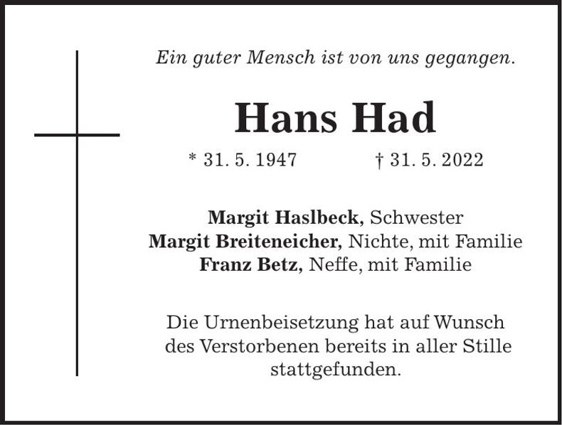 Traueranzeige Hans Had