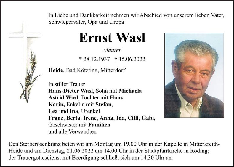 Traueranzeige Ernst Wasl