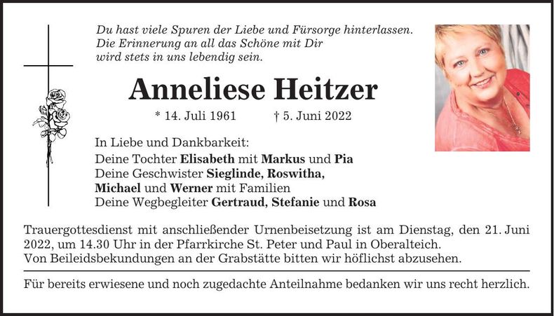 Traueranzeige Anneliese Heitzer