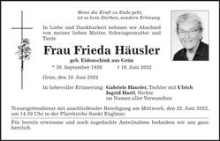 Traueranzeige Frieda Häusler