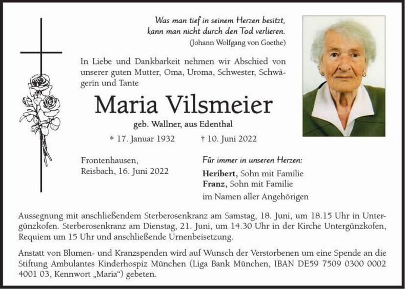 Traueranzeige Maria Vilsmeier