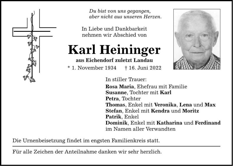 Traueranzeige Karl Heininger