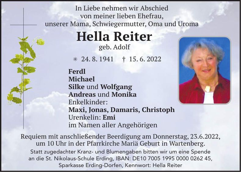 Traueranzeige Hella Reiter