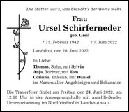 Traueranzeige Ursel Schirferneder