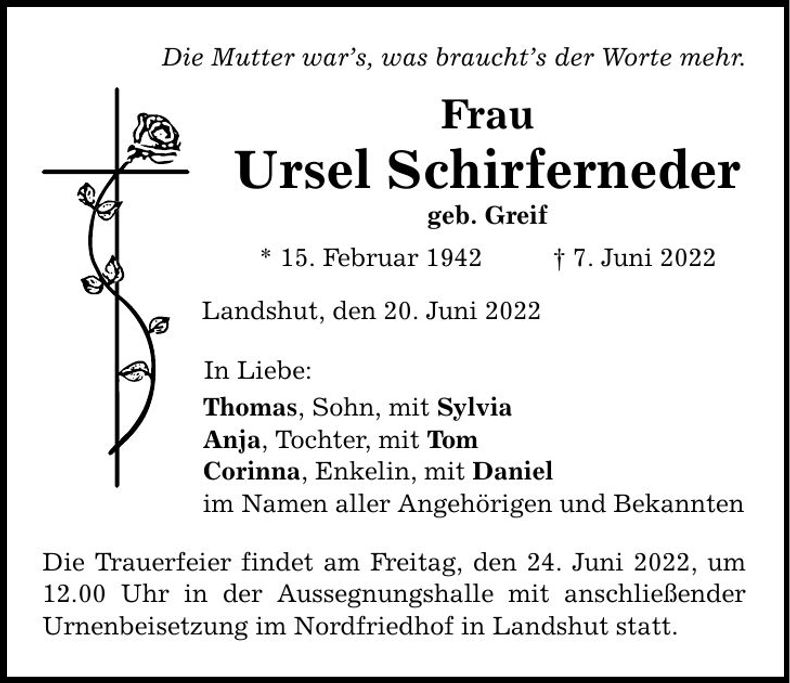 Traueranzeige Ursel Schirferneder
